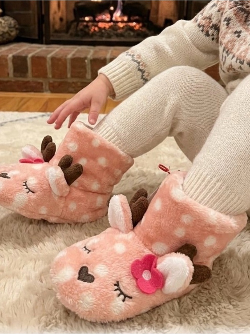 NWT NEW Girls Pink Deer Slippers Bunny Rabbit Floral Fuzzy Plush Cozy House Shoe